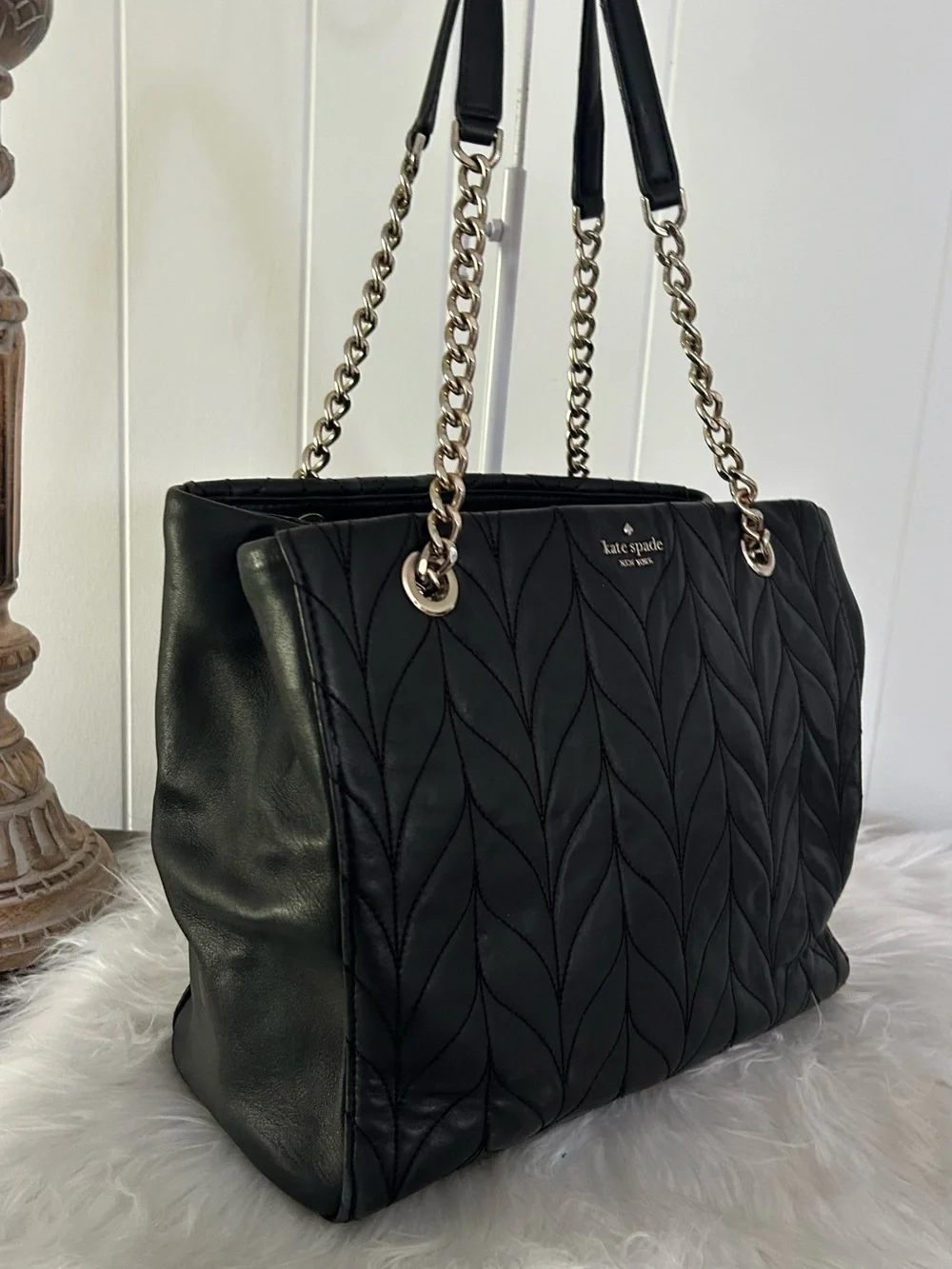 Kate Spade Black Quilted Leather Chain Shoulder Tote Bag Work Laptop bag